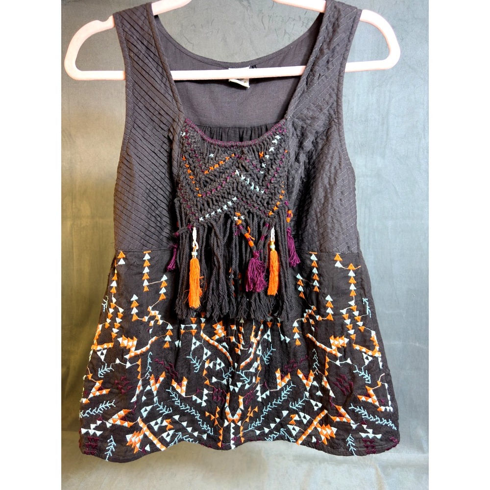 Akemi Kin Rigamarole Boho Western Crochet Embroidered Tank Top Fringe Tribal S